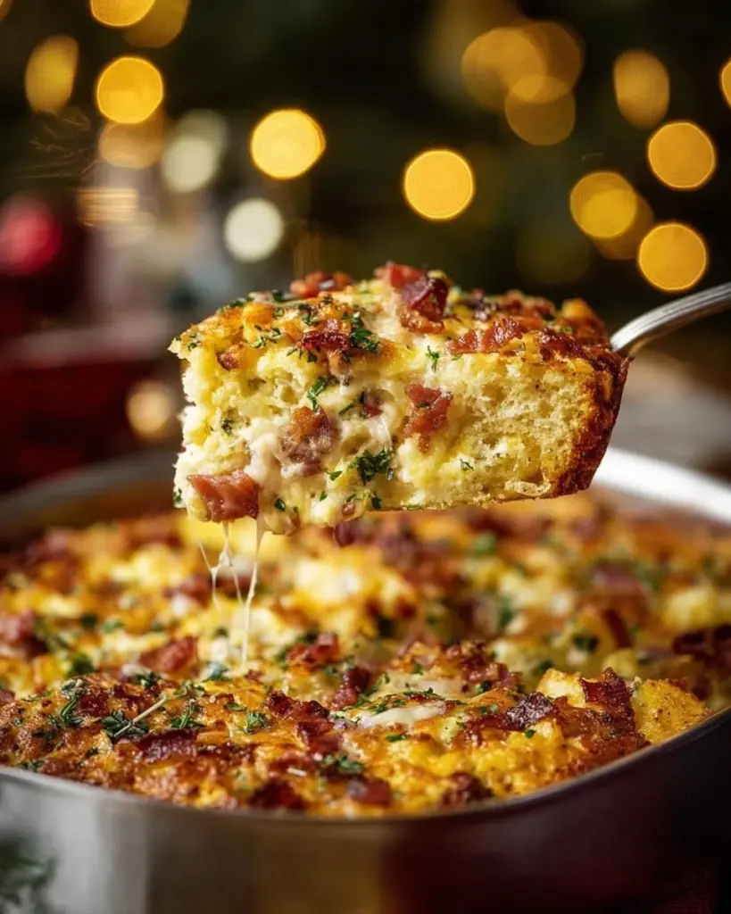 Delicious Christmas breakfast casserole with eggs, cheese, and festive toppings.