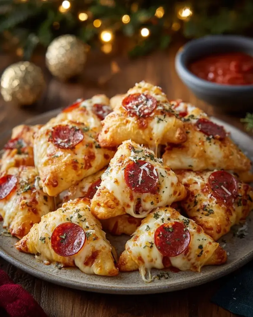 Festive Christmas pizza bites with toppings ready for a holiday party