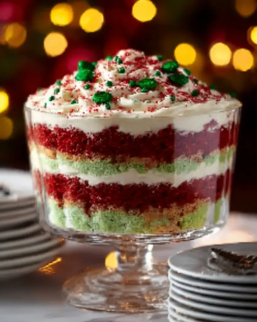 Delicious Christmas trifle dessert with layers of fruit, custard, and cake