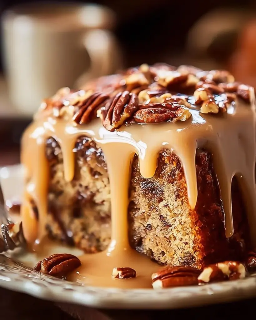 Classic Praline Pecan Cake topped with delicious praline pecans and frosting.