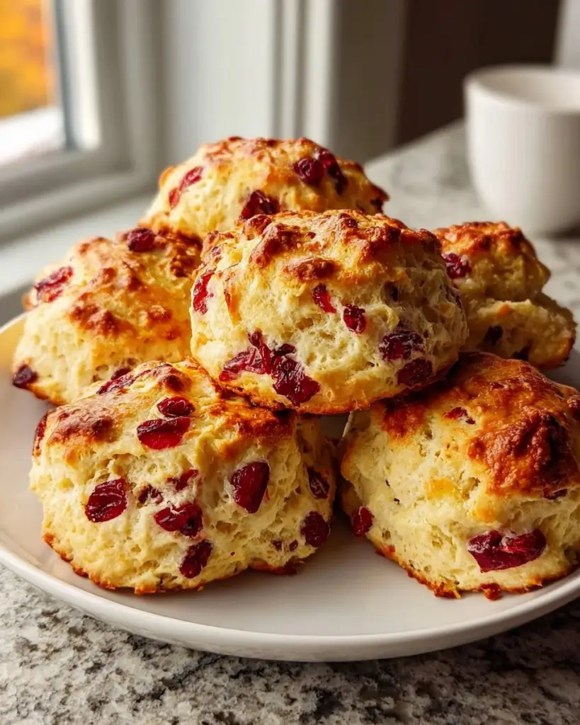 Cranberry Orange Sour Cream Scones on a plate, garnished with fresh cranberries