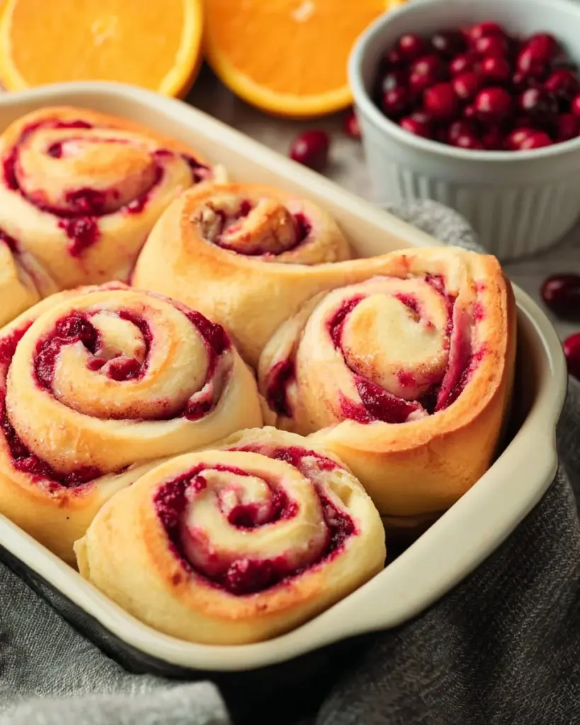Cranberry orange sweet rolls topped with icing and garnished with orange zest