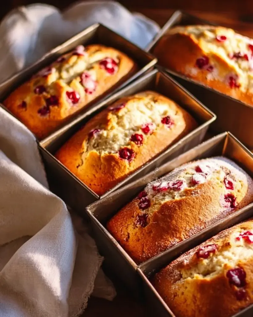 Freshly baked cranberry quick bread loaf with cranberries on a wooden table