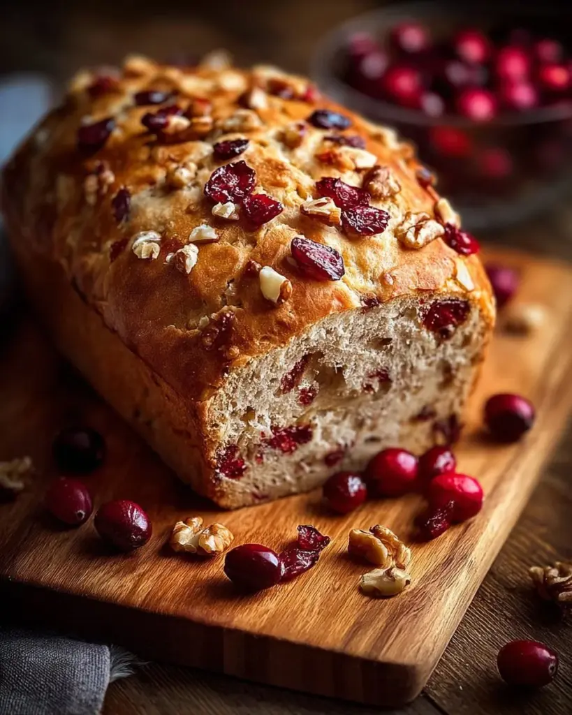 Sliced Cranberry Walnut Bread on a wooden cutting board