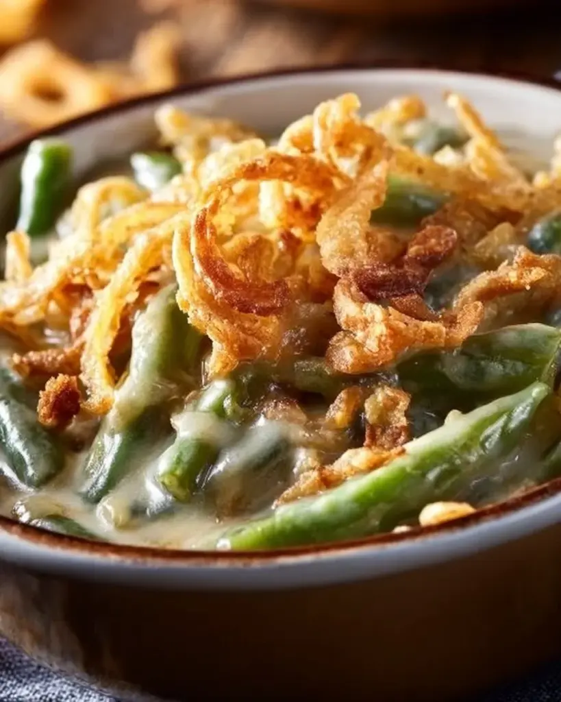 Creamy and crunchy green bean casserole served in a dish with crispy toppings.
