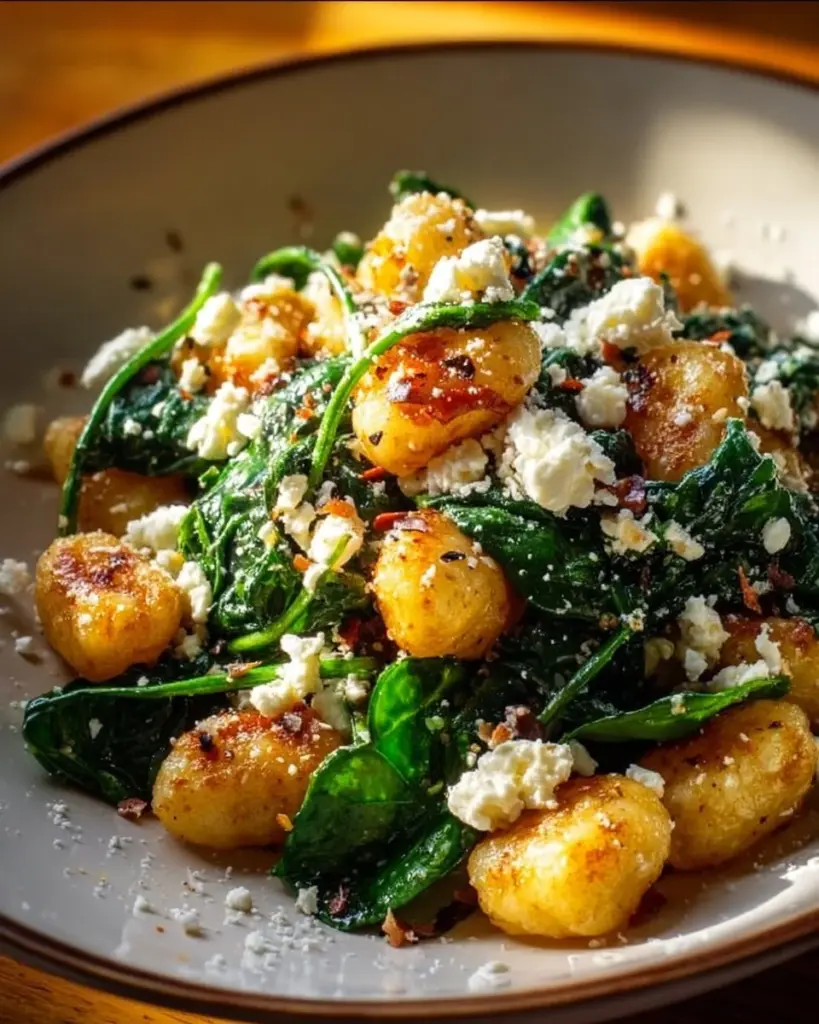 Creamy gnocchi with spinach and feta served in a white bowl.