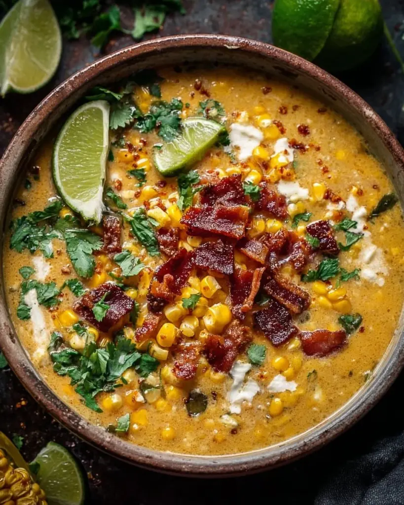 Bowl of creamy Mexican street corn soup topped with cilantro and lime.