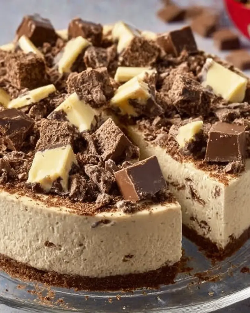 Gluten-free no-bake Toblerone cheesecake topped with chocolate and cream