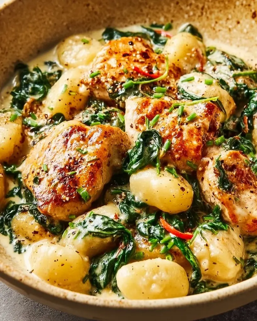 Creamy spinach chicken gnocchi served in a bowl with fresh herbs.