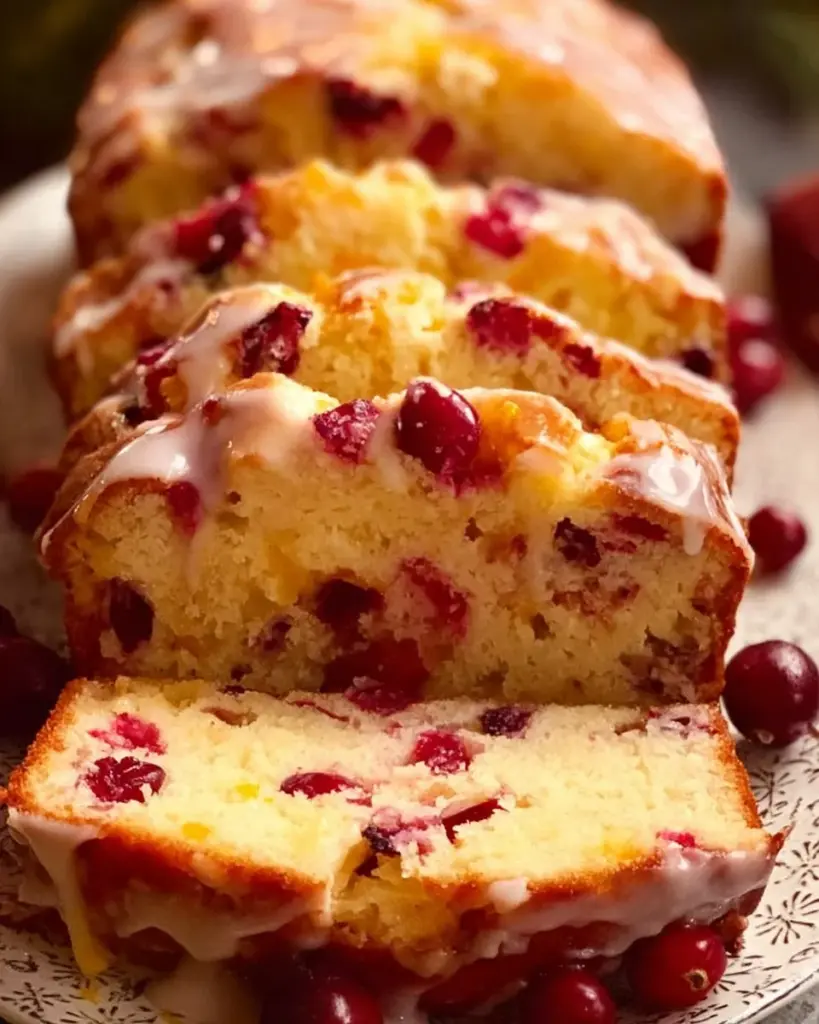 Slice of easy Cranberry Orange Bread with orange glaze on a plate