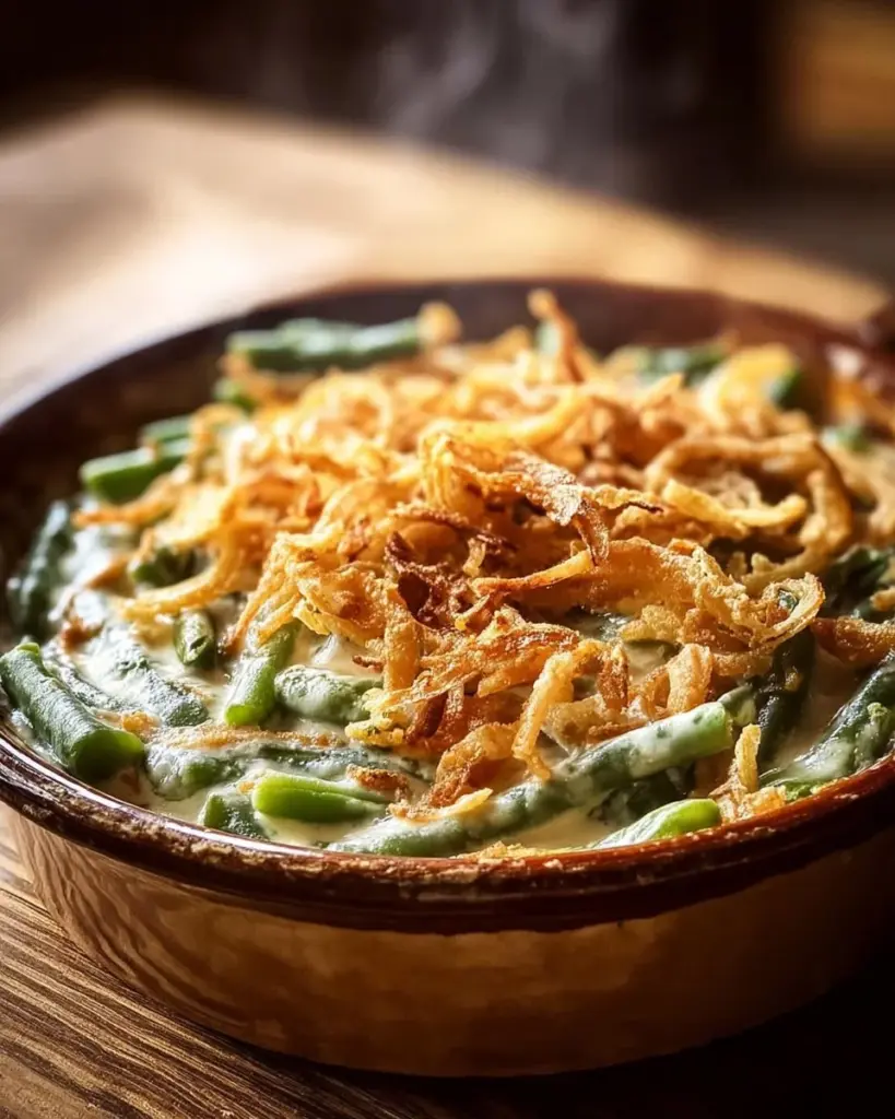 Delicious cream cheese green bean casserole on a serving dish