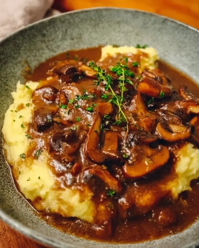 Bowl of easy vegan mushroom gravy served with vegetables