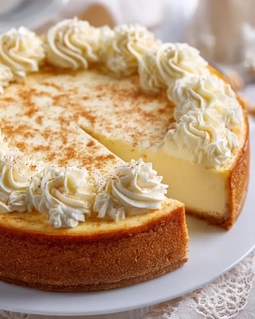 Delicious slice of eggnog cheesecake topped with whipped cream and nutmeg