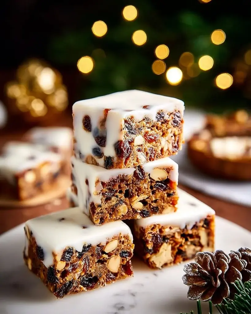 Slice of festive fruitcake traybake topped with seasonal fruits and nuts