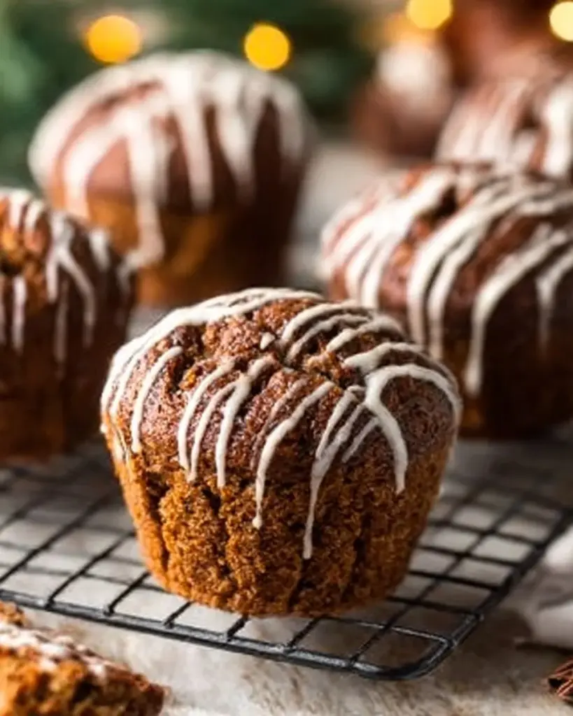 Festive gingerbread muffins drizzled with vanilla bean glaze on a rustic table