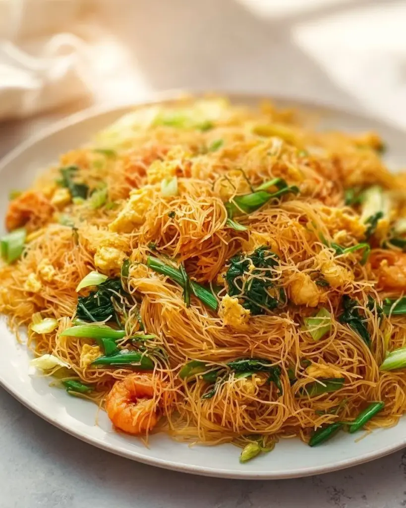 Plate of fried vermicelli noodles garnished with vegetables and herbs