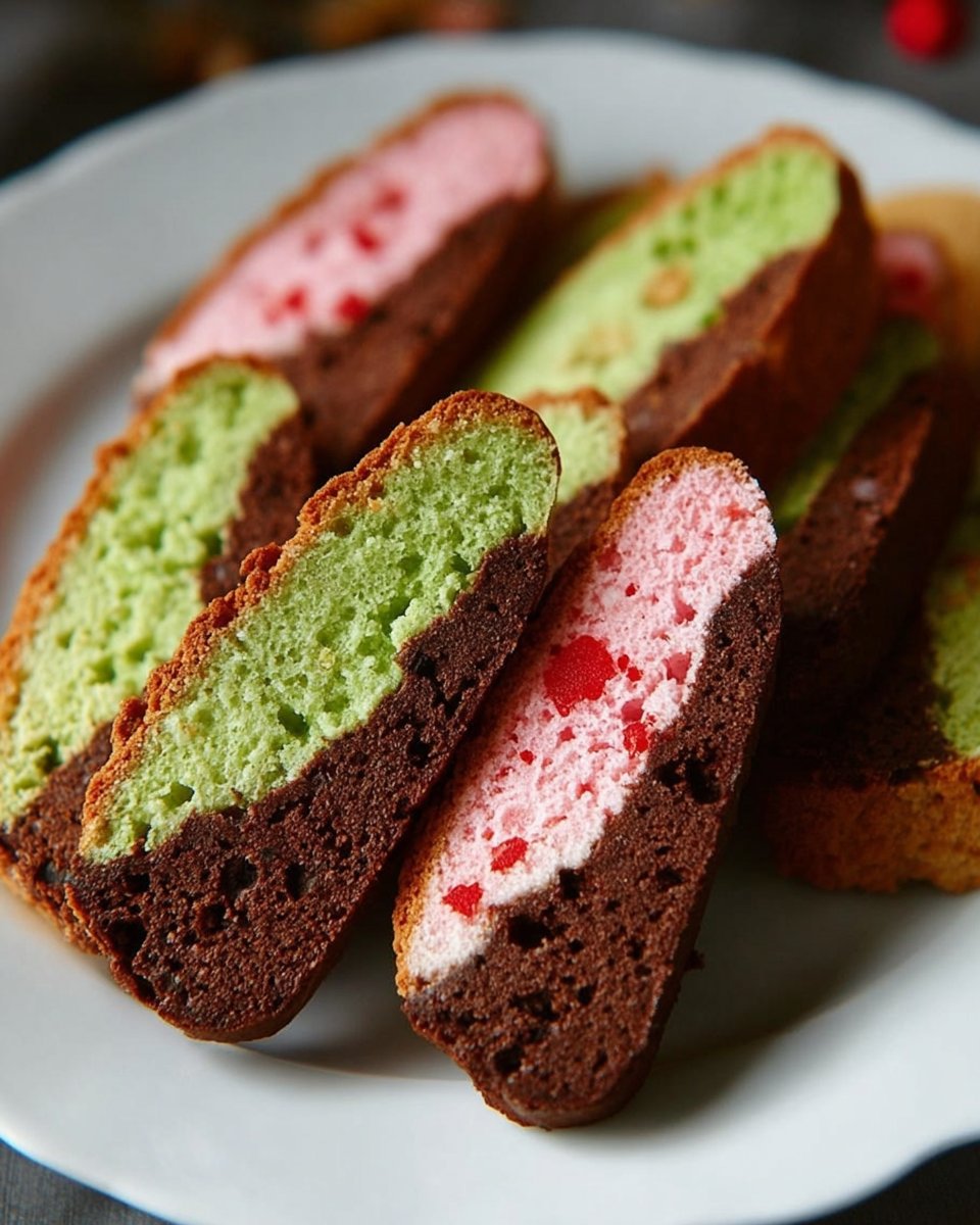 A white plate with several pieces of spumoni biscotti - strips of green, pink, and chocolate. | Cookies recipes Christmas, Biscotti recipe, Biscotti cookies