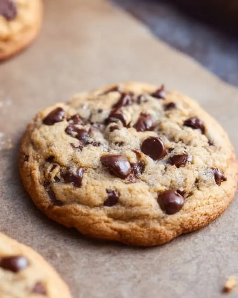 Giant chewy keto chocolate chip cookies served on a wooden plate.