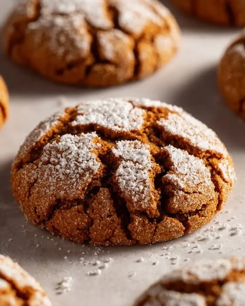 Batch of freshly baked Gingerbread Crinkle Cookies dusted with powdered sugar.
