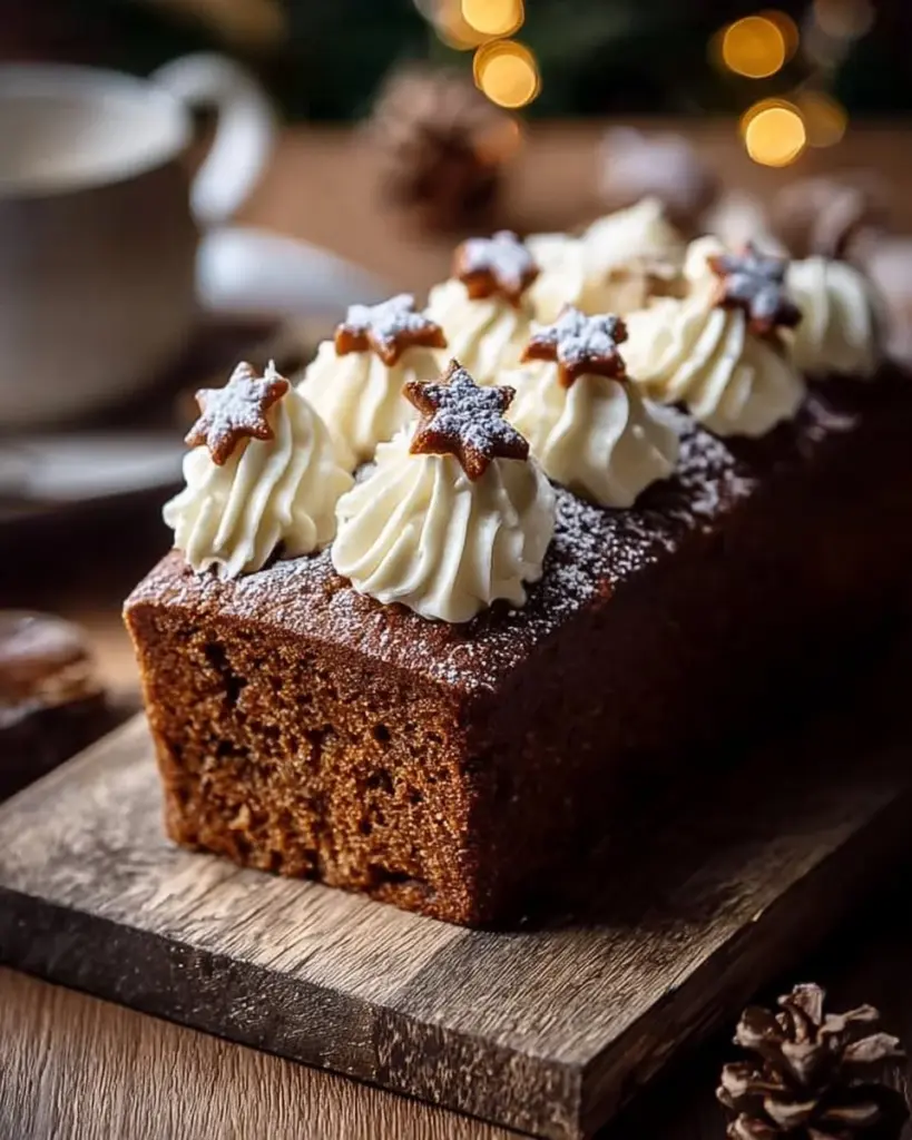 A deliciously spiced Gingerbread Loaf Cake topped with icing and festive decorations.