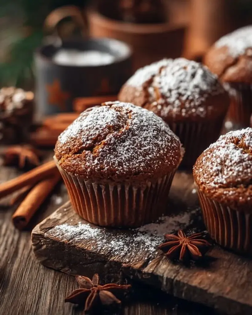 Freshly baked gingerbread muffins topped with a sprinkle of powdered sugar