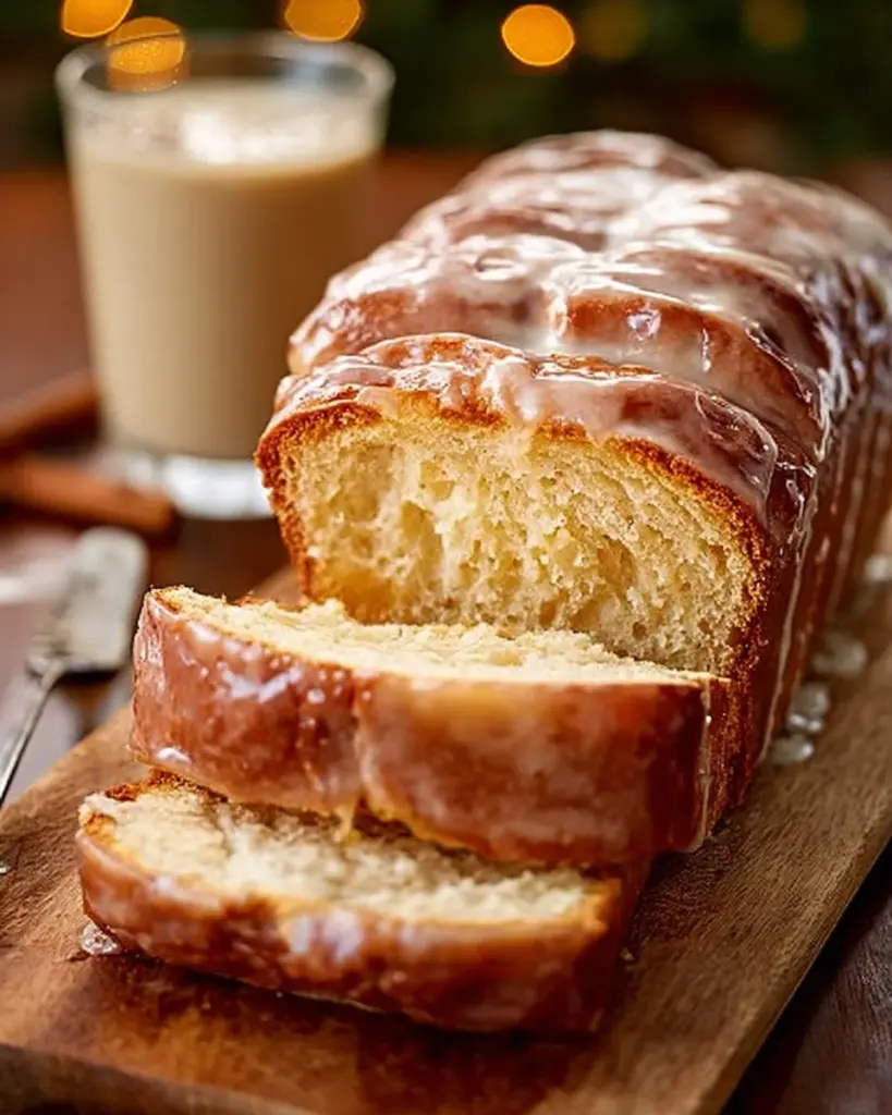 Sliced glazed eggnog bread on a wooden cutting board with festive decor.