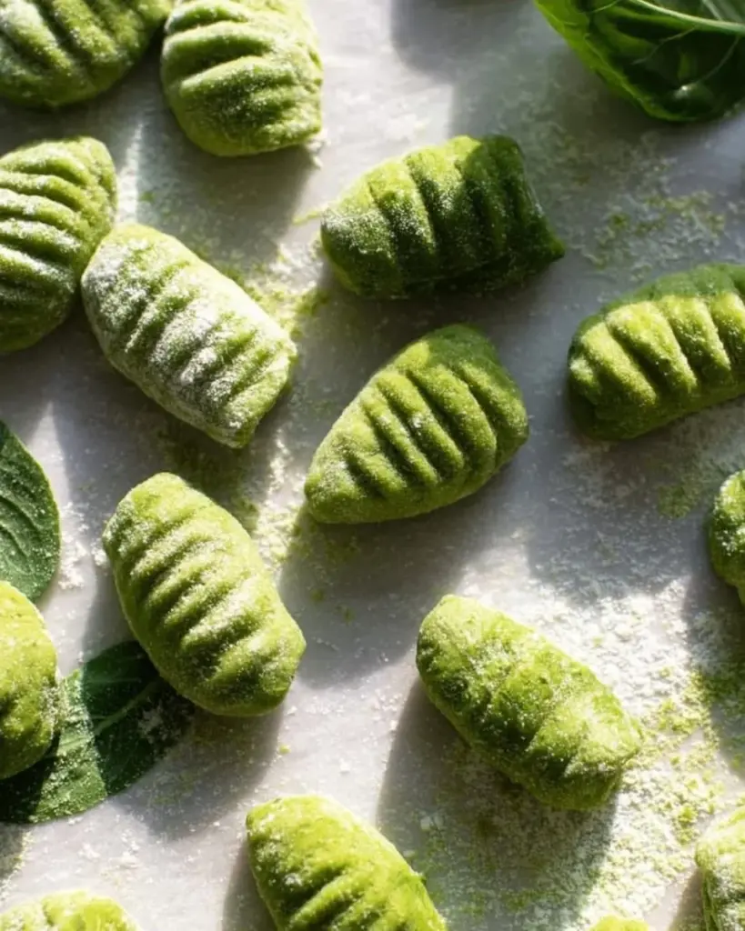 Delicious gluten-free spinach gnocchi served with sauce and vegetables