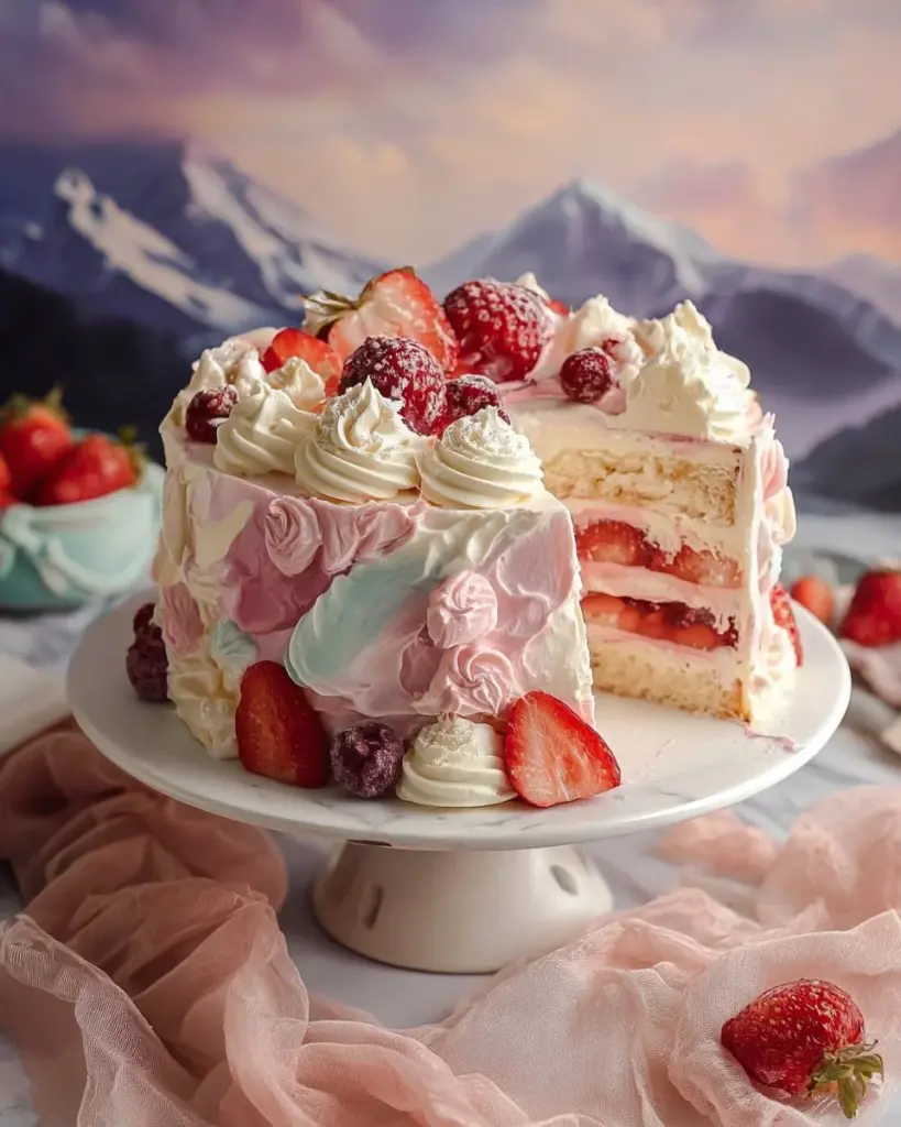Delicious slice of Heaven on Earth Cake topped with whipped cream and cherries.