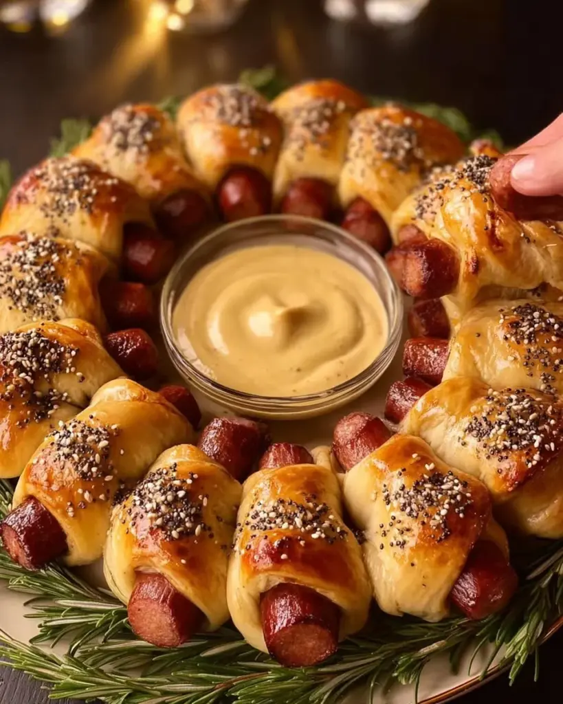Holiday Pigs in a Blanket appetizer on a festive table.