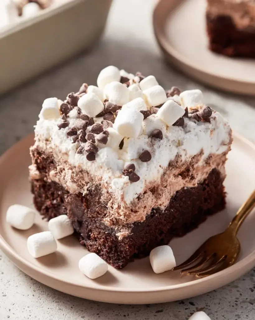 Delicious Hot Chocolate Poke Cake topped with melted chocolate and whipped cream