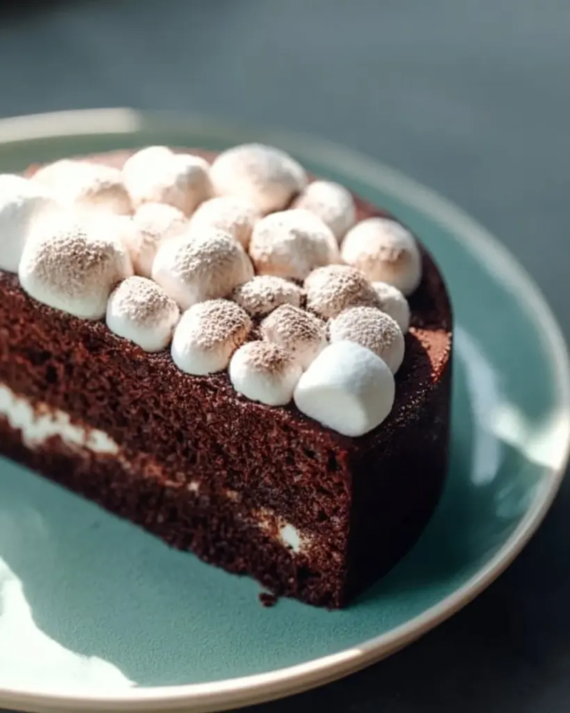 Delicious hot cocoa cake topped with whipped cream and chocolate shavings