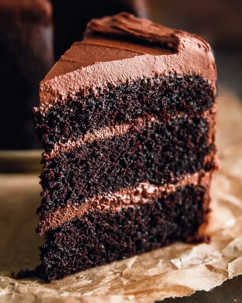 A stunning slice of Ina Garten's chocolate cake topped with chocolate frosting.