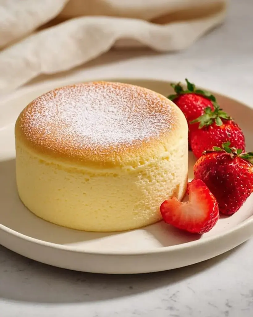 Fluffy slice of Japanese Cotton Cheesecake on a plate with fresh fruit garnish