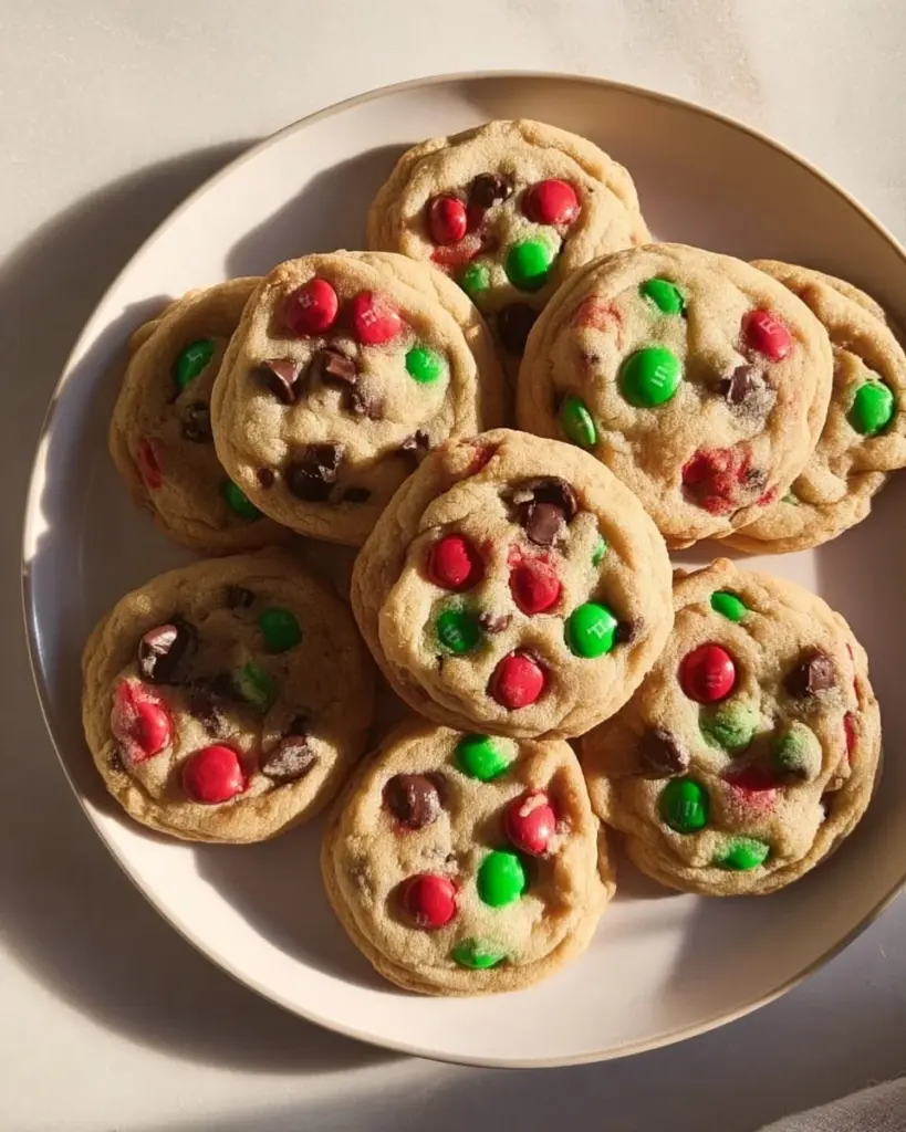 Freshly baked M&M cookies with colorful chocolate candies