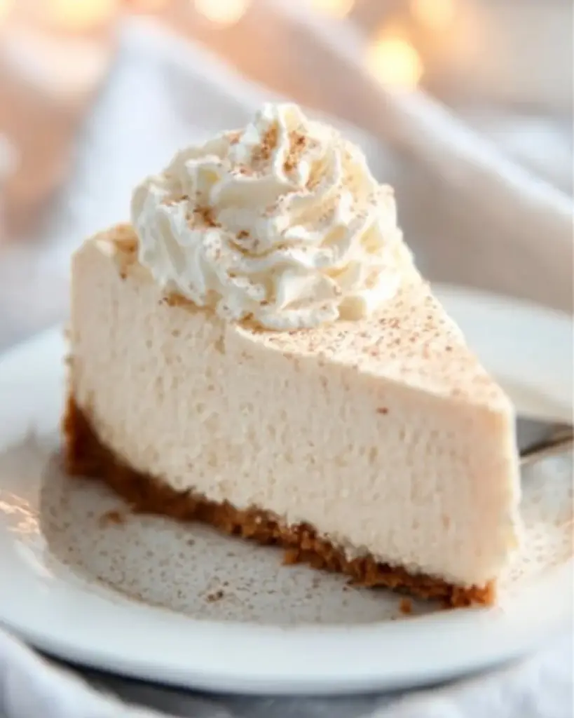 No-bake eggnog cheesecake with gingersnap crust on a festive holiday table.