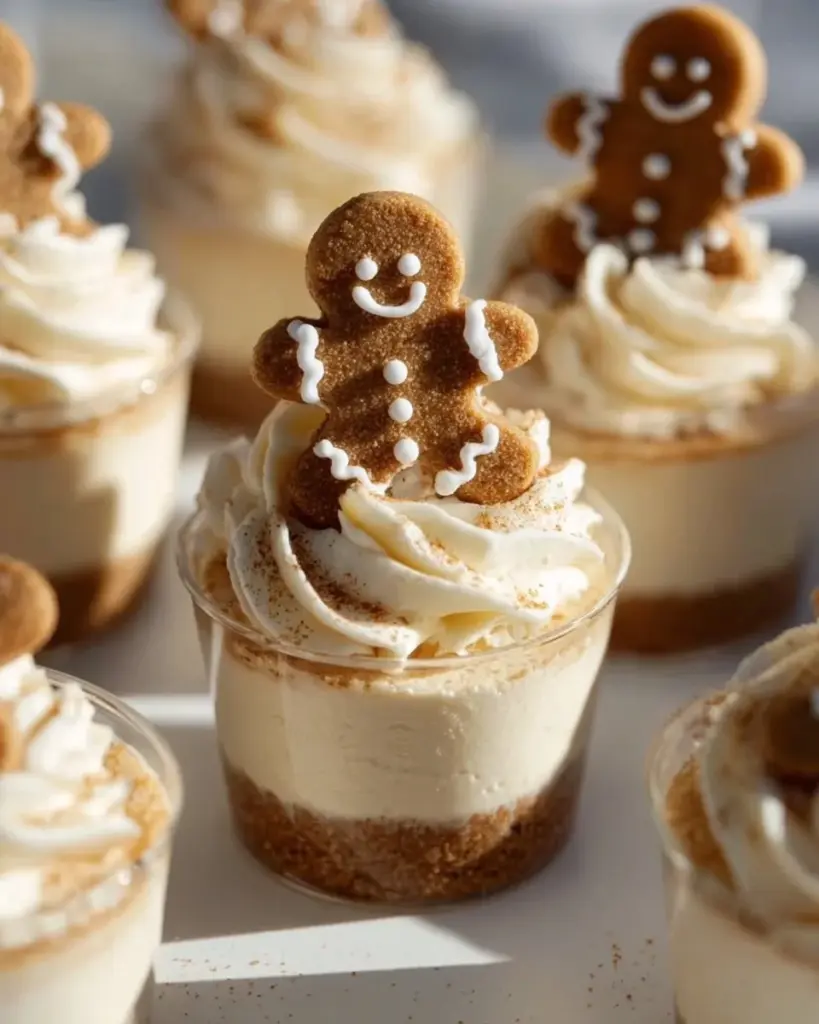 No-Bake Gingerbread Cheesecake Cups served in festive glassware