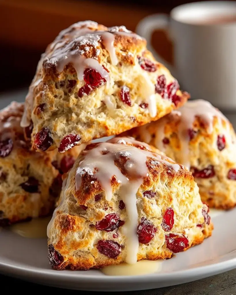 Freshly baked orange cranberry scones on a plate, perfect for breakfast or snacks.