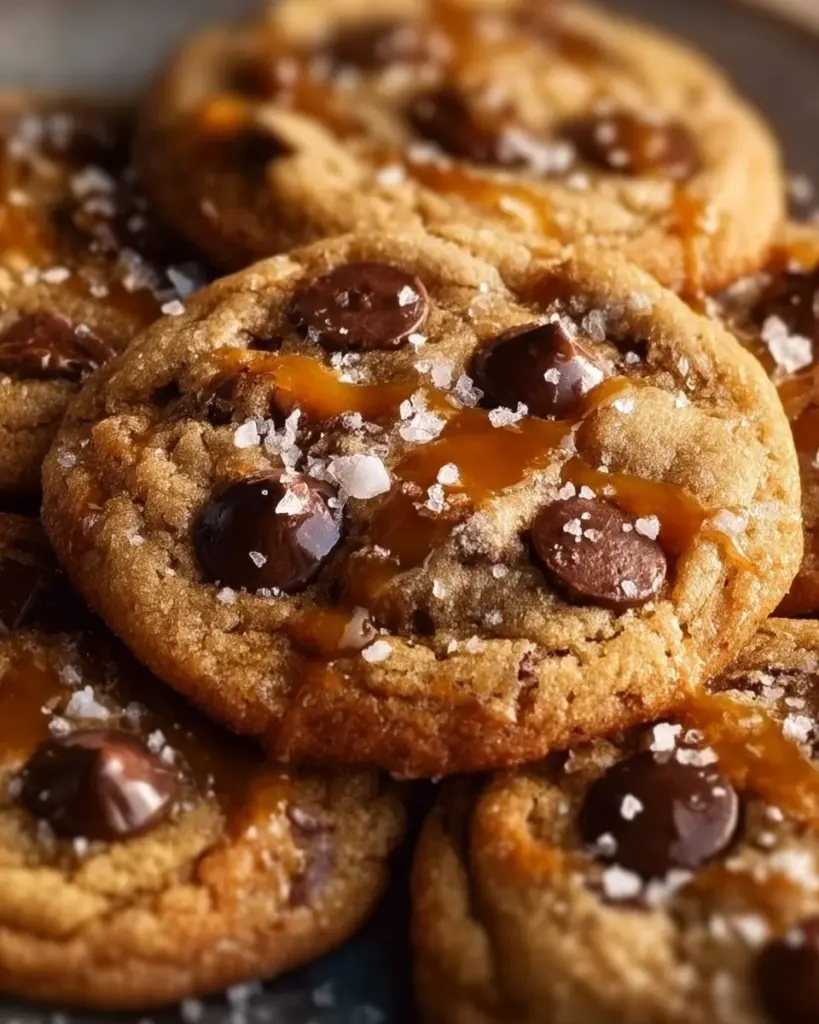 Delicious salted caramel cookies with chocolate chips on a wooden table.