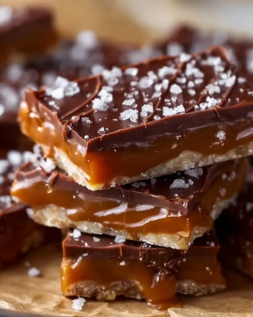 Homemade salted caramel pretzel bark with chocolate and sea salt topping