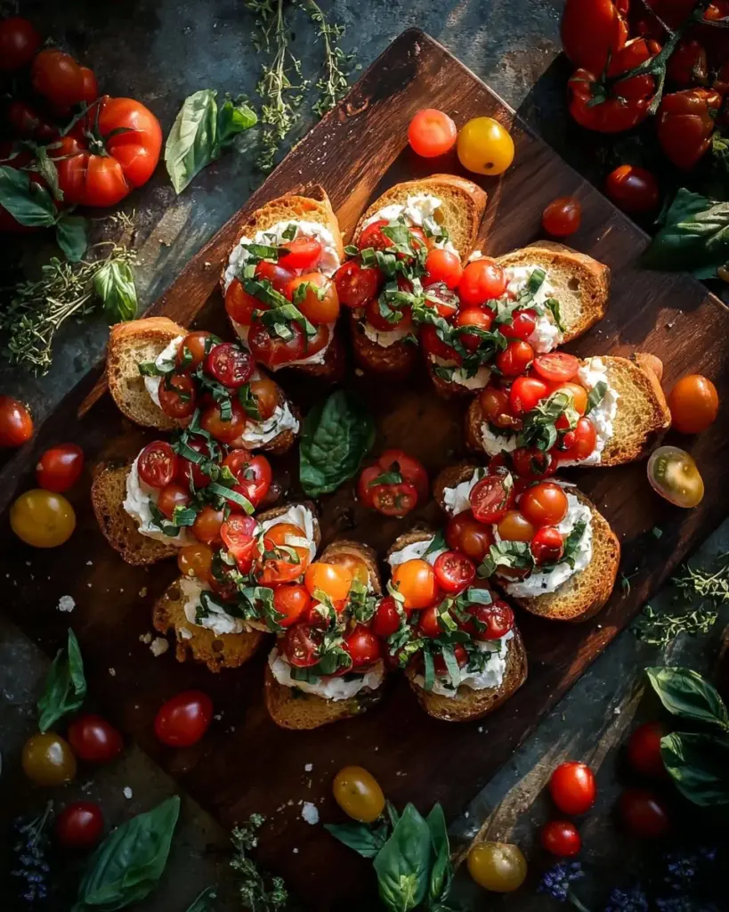 Festive Christmas bruschetta wreath served on a platter with fresh toppings.
