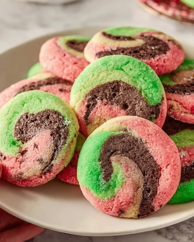 Plate of colorful spumoni sugar cookies with cherry, pistachio, and chocolate flavors