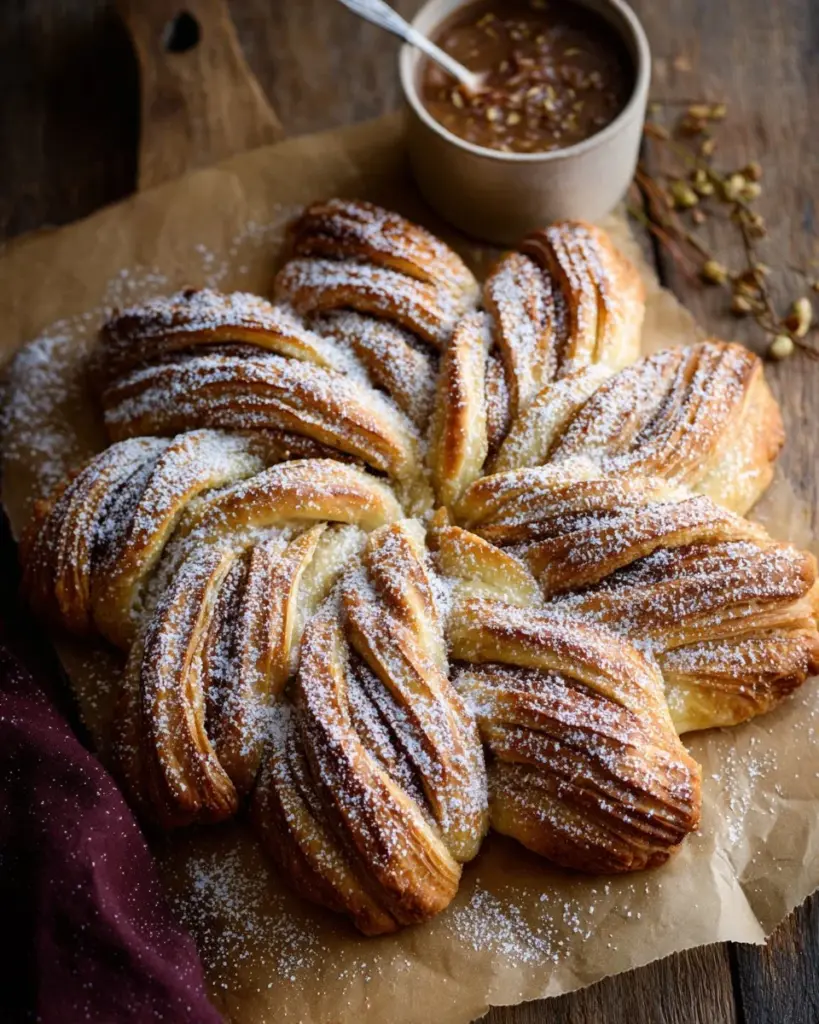 Homemade star bread with golden layers and festive decorations