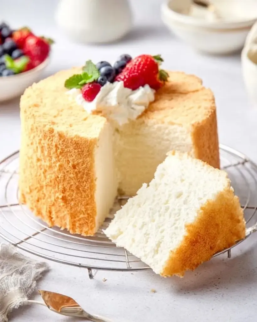 Slice of Sugar Free Angel Food Cake on a plate with fresh berries