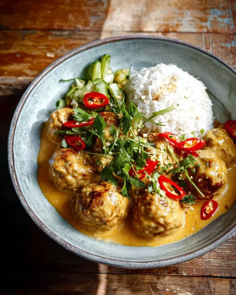 Thai Coconut Curry Chicken Meatballs served with fresh herbs and rice