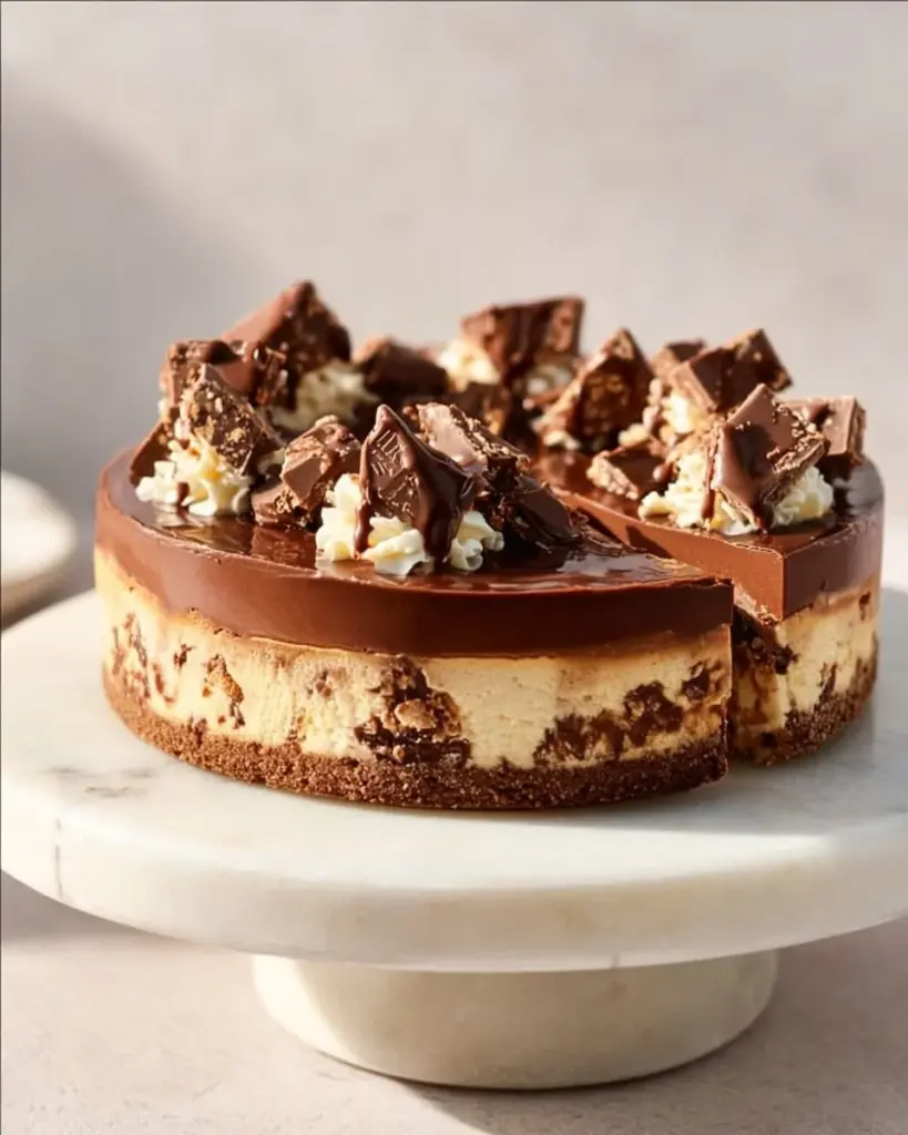Delicious Toblerone Cheesecake topped with chocolate and cheesecake layers