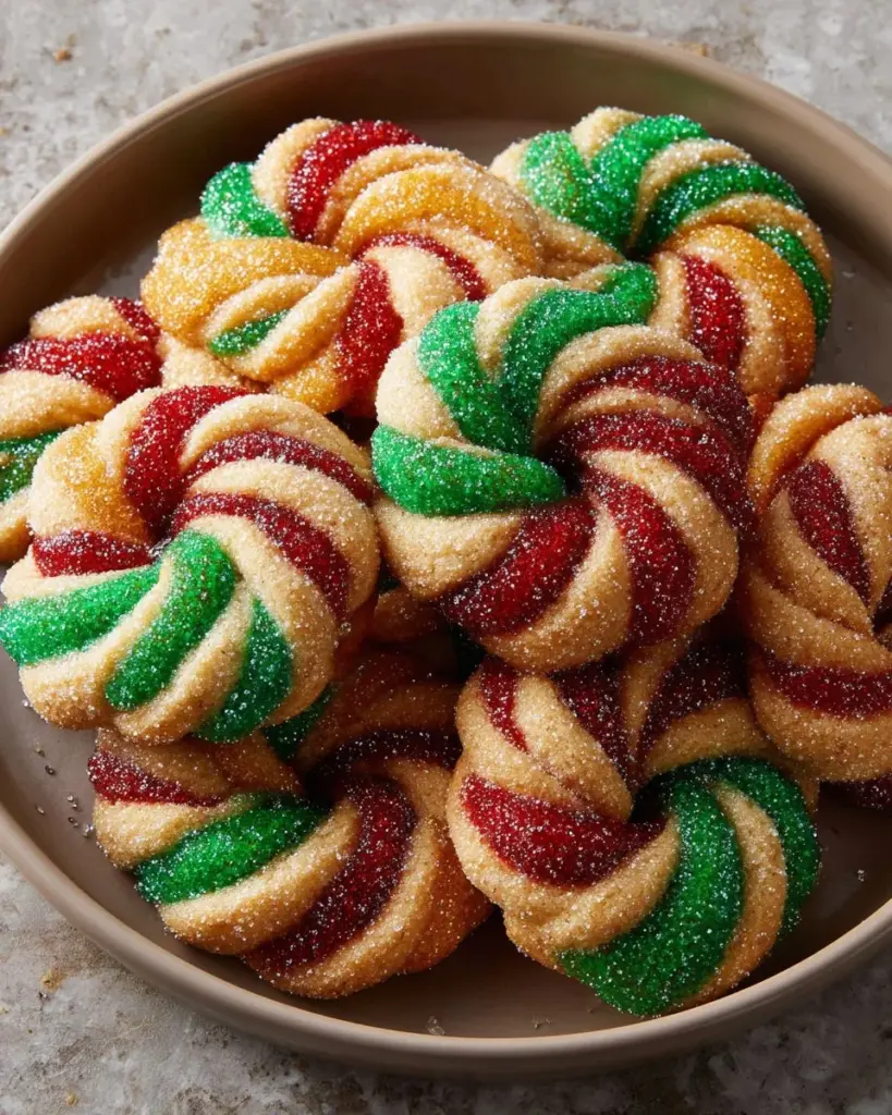 Twisted Christmas Cookies decorated with festive icing and colorful sprinkles
