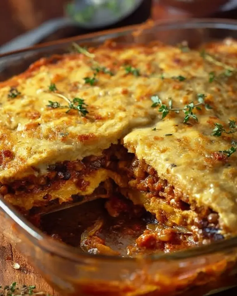 Delicious vegan moussaka served on a plate with layers of vegetables and lentils