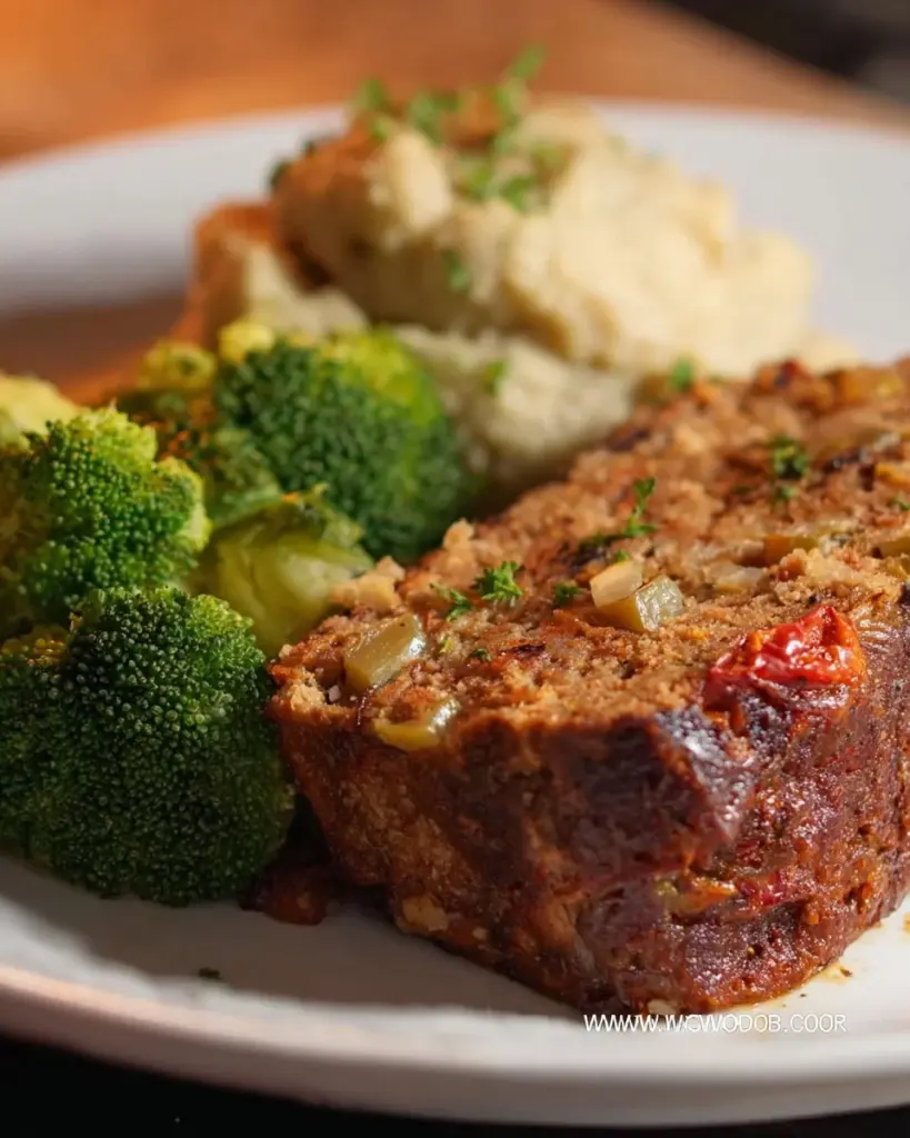 Delicious vegetable meatloaf topped with balsamic glaze on a plate