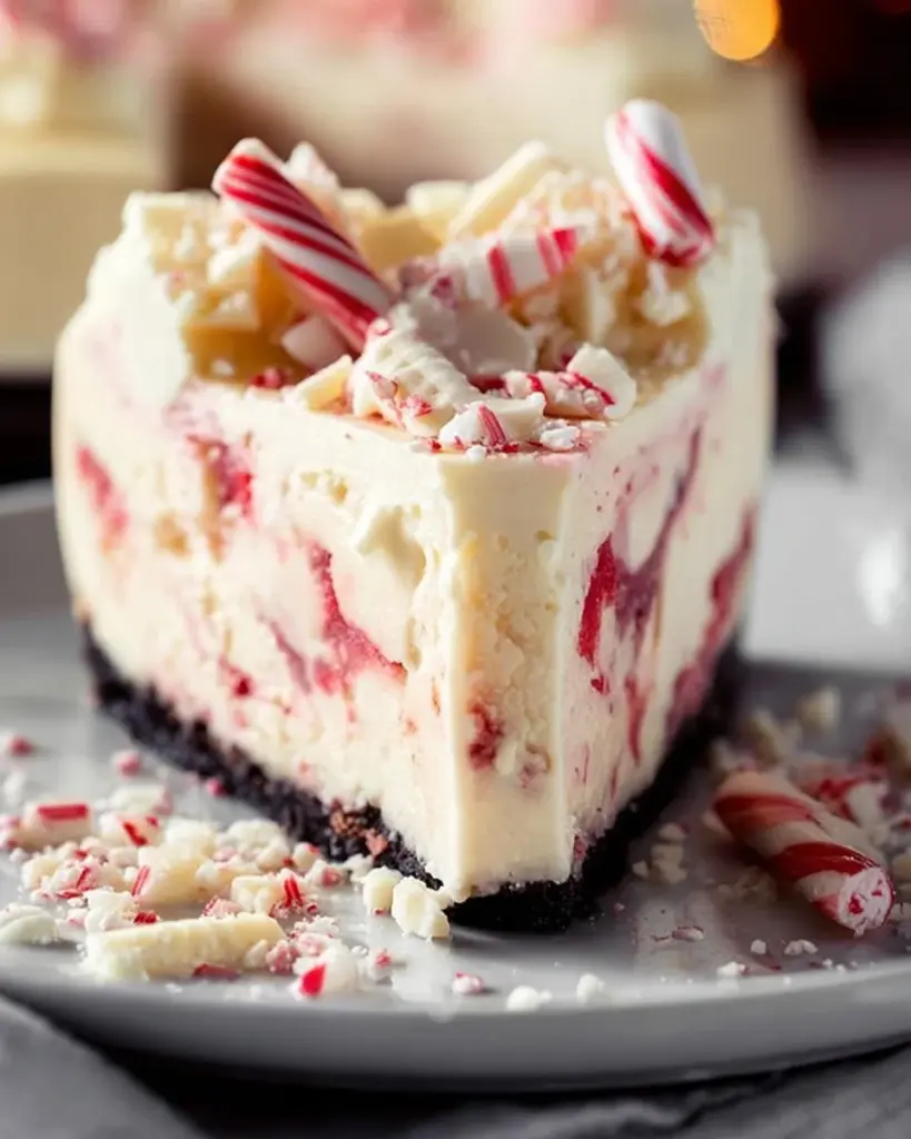 Slice of white chocolate peppermint bark cheesecake on a plate, decorated with crushed candy canes