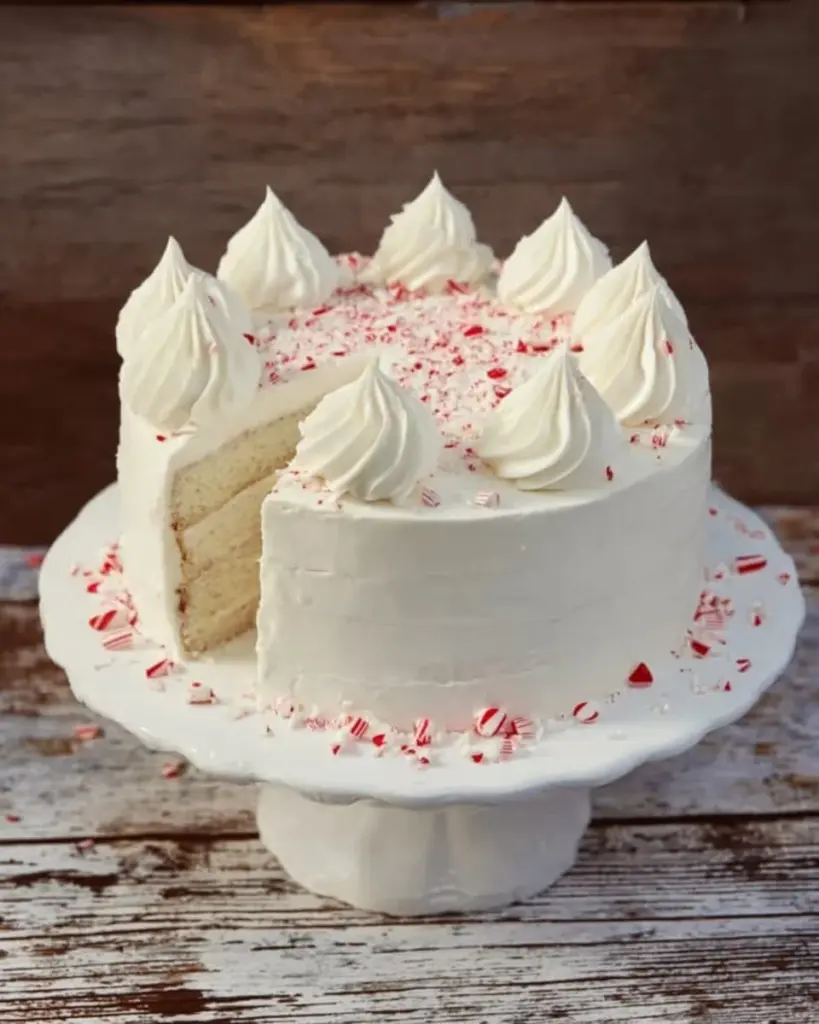 Delicious White Chocolate Peppermint Cake with festive decorations